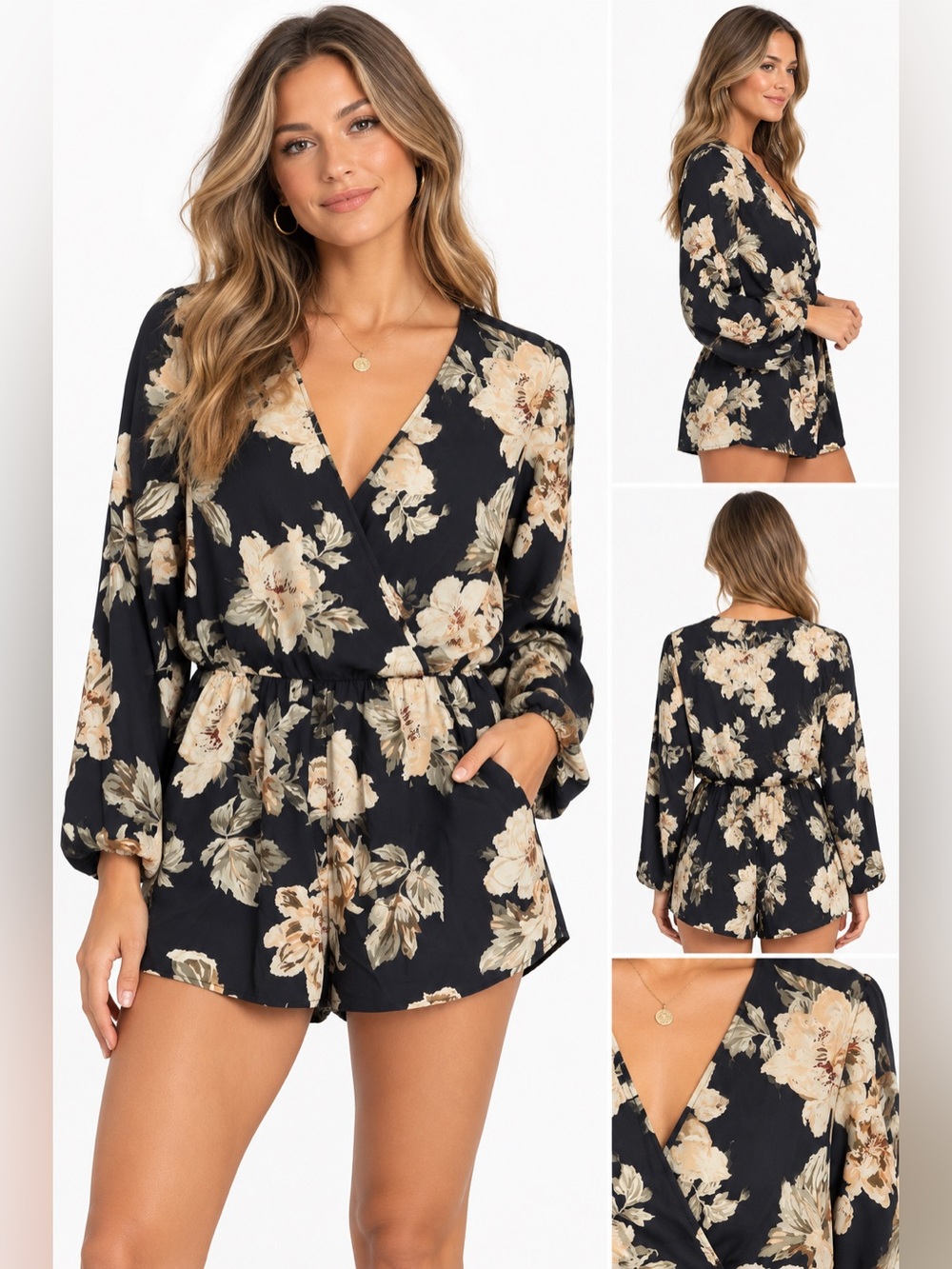 Lulus Romper Womens Black Floral Long Sleeve Wrap V Neck Boho Shorts Jumpsuit